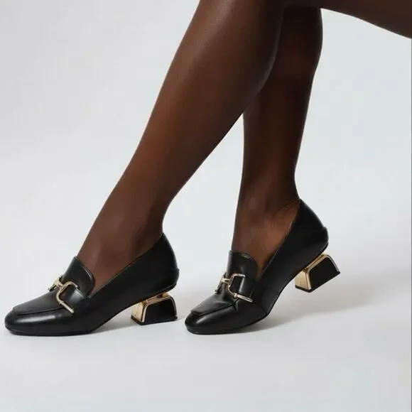 Black Leather square Toe Loafer Heels Gold Hardware Size 5 NWOT - Picture 1 of 11